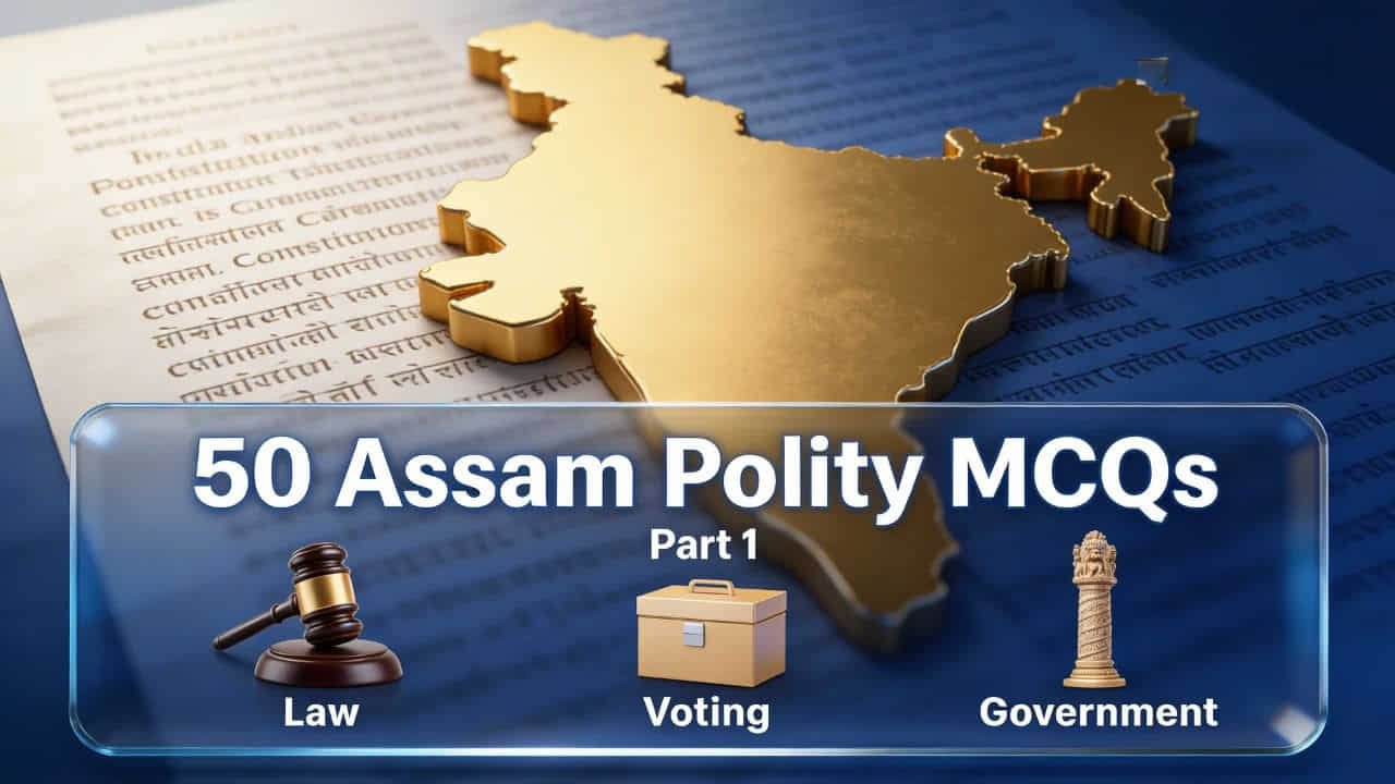 Assam Political Science MCQs illustration featuring the Constitution of India, Assam Map, and a digital quiz interface for ADRE and APSC preparation.