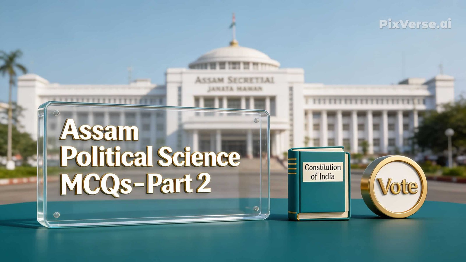 Assam Political Science Part 2 MCQs banner showing Assam Secretariat (Janata Bhawan) and Indian Constitution book.