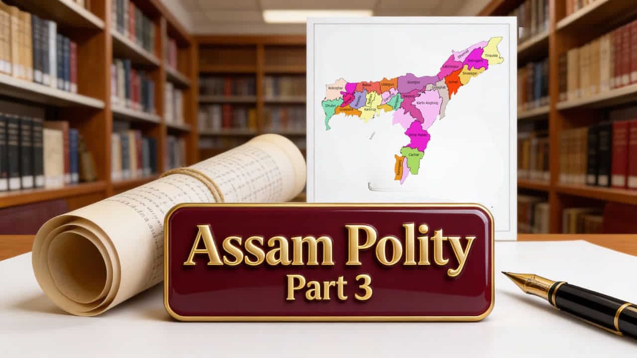 Assam Political Science Part 3 Quiz banner featuring the Constitution of India, Assam Map, and Voting symbols.