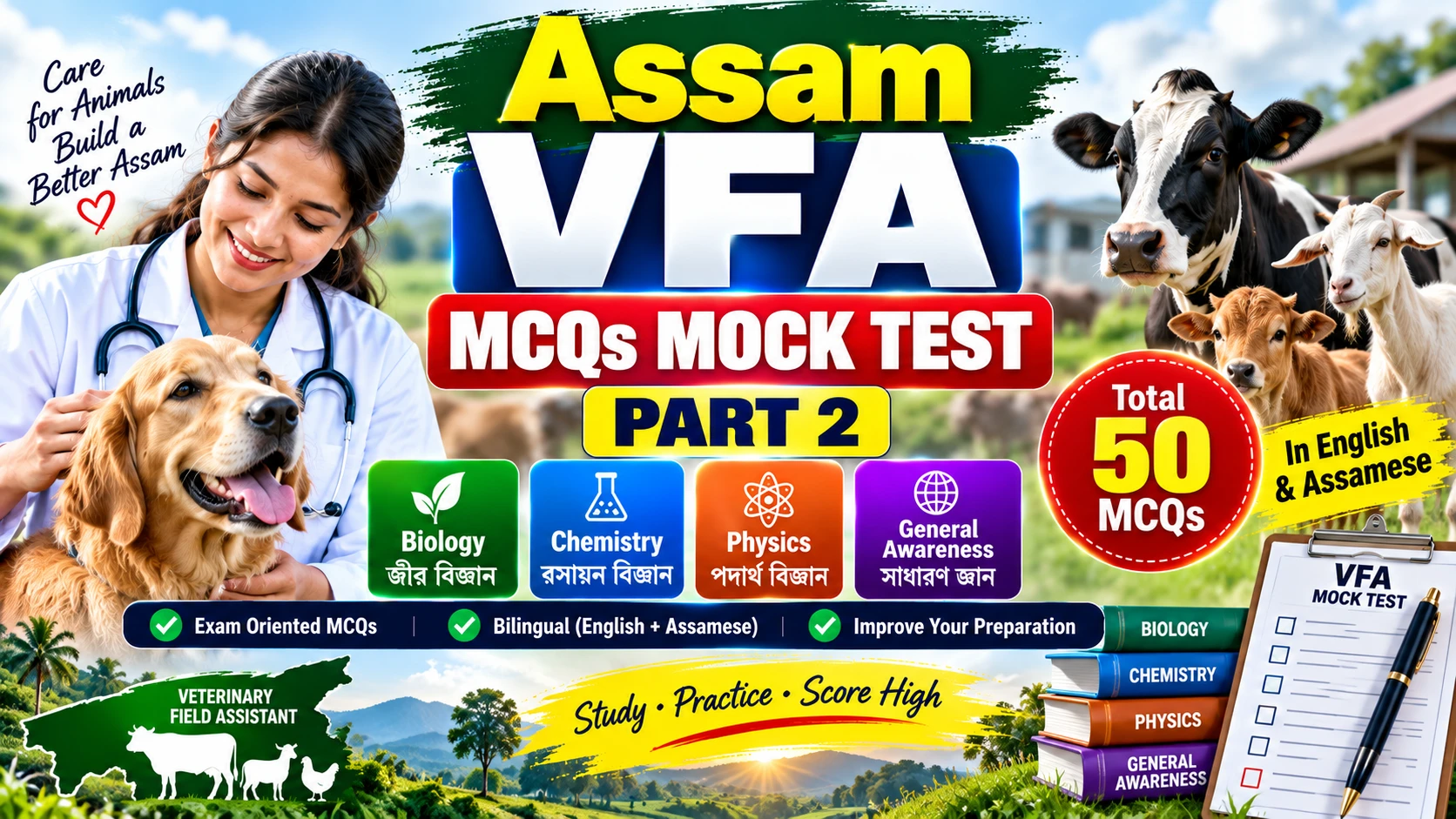 Assam VFA MCQs Mock Test Part 2 with 50 questions in English and Assamese